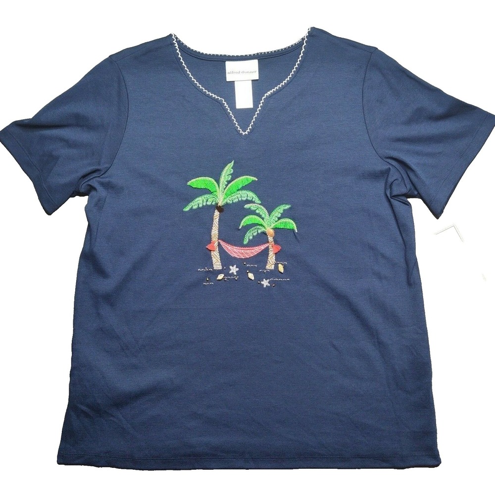 Alfred Dunner Woman Small Island Hopping Palm Beach Embellished Blouse NEW‎